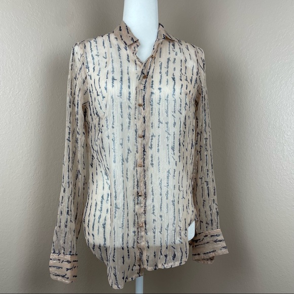 a new day Tops - A NEW DAY CREAM NAVY SQUIGGLE SHEER METALLIC LONG SLEEVE BUTTON UP BLOUSE TOP